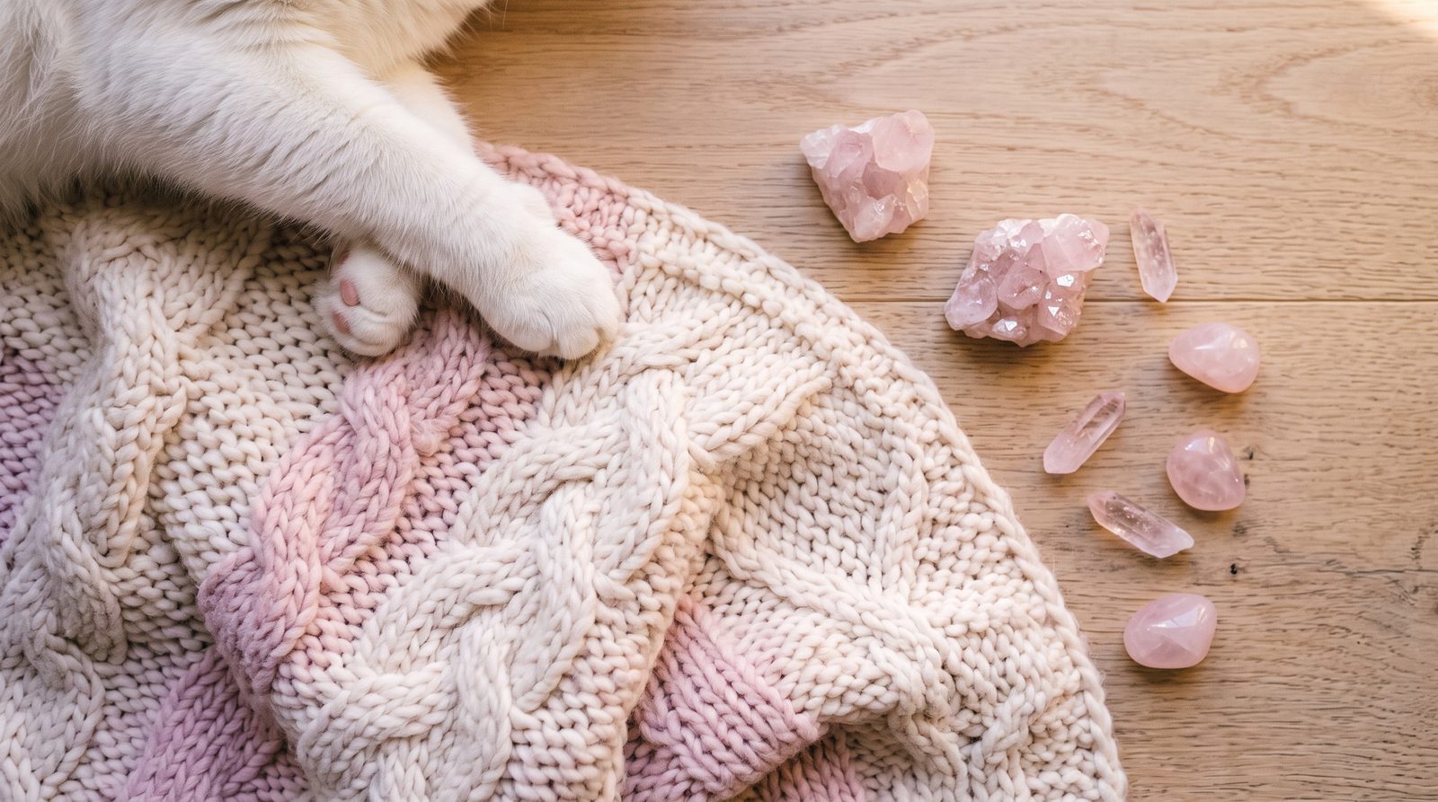 Katzenpfote auf einer Strickdecke neben Rosenquarz-Kristallen